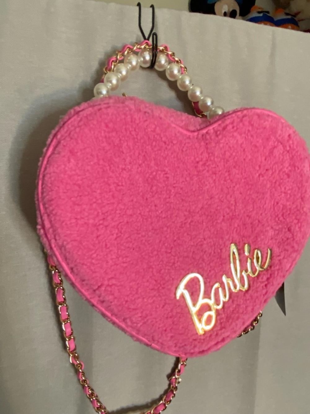 Barbie Hot Pink Plush Heart Crossbody with Pearl Handle